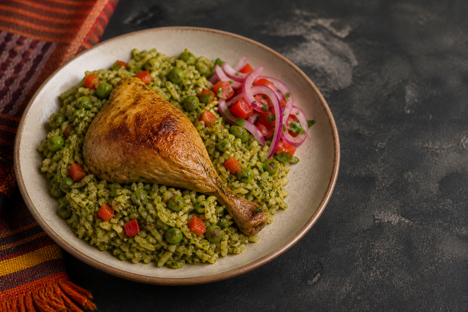 Arroz con pollo peruano servido con salsa criolla